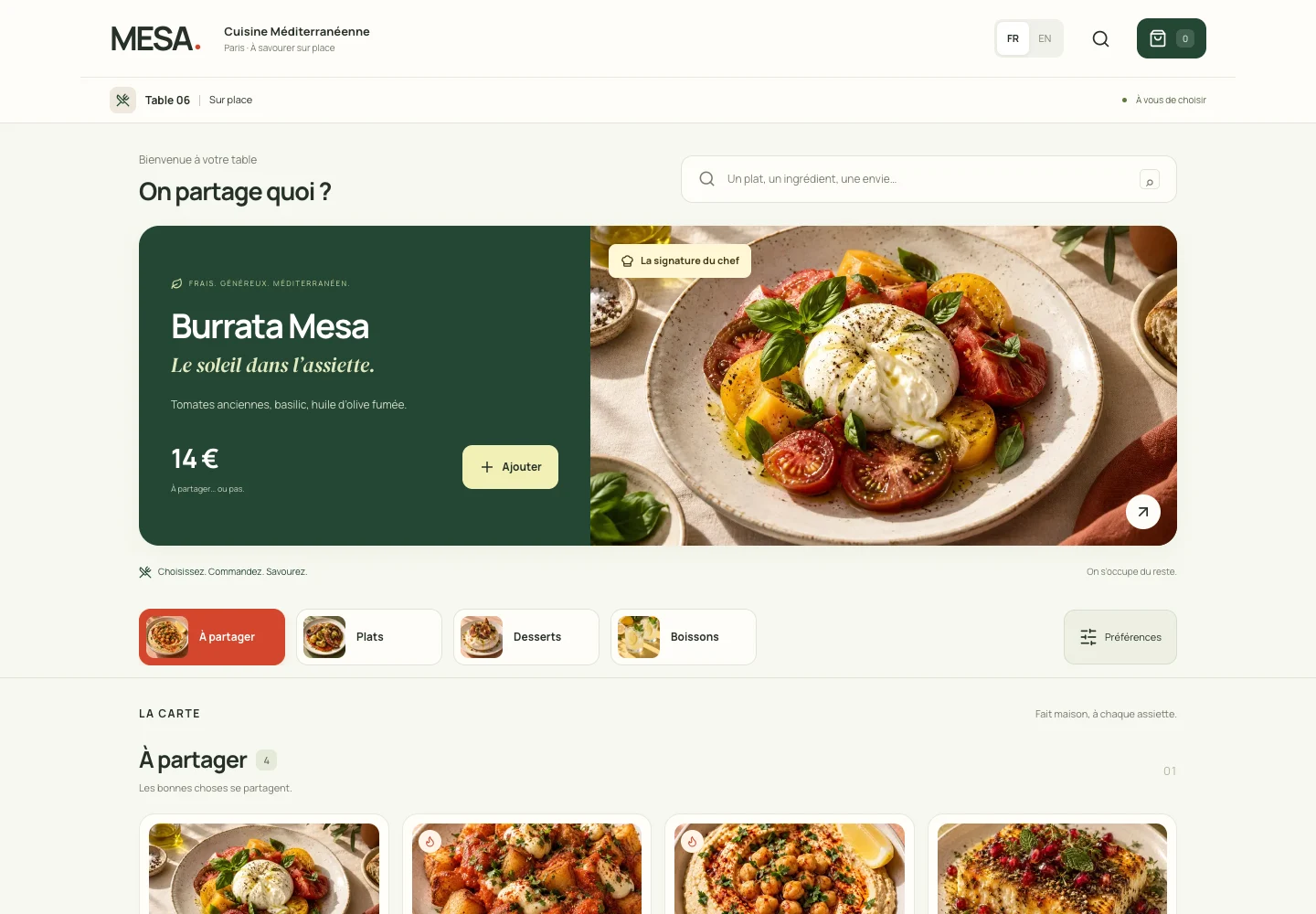 Le concept de menu restaurant MESA, son identité vert olive et ses photographies culinaires